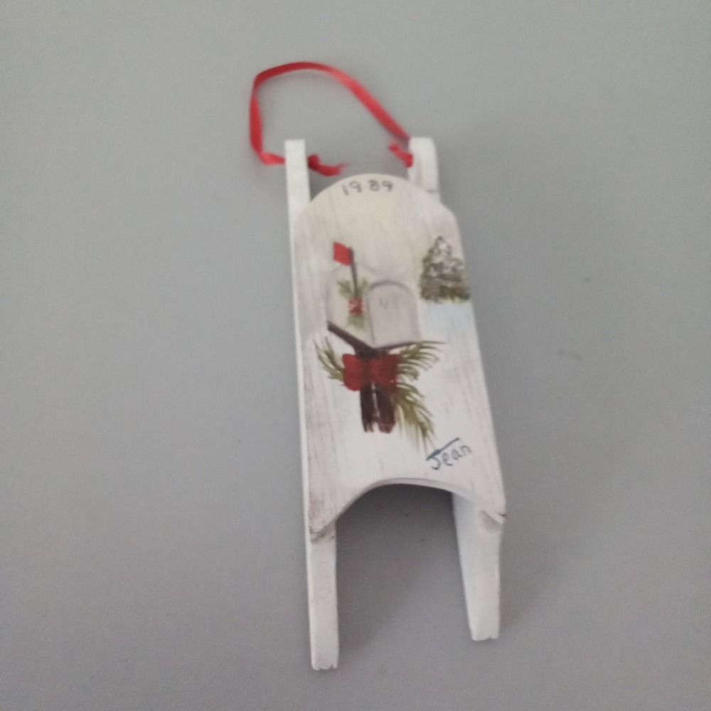 Vintage 1989 Hand Painted Wood Sled Christmas Ornament Artist Signed Jean White